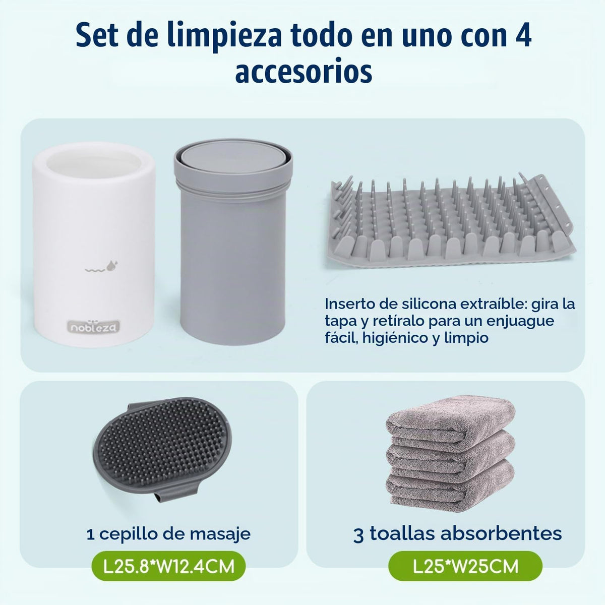 Nobleza Limpiador De Patas Para Perros Talla S - Kit De Aseo 5 En 1 Con 3 Toallas Y 1 Cepillo De Baño Grande, Taza Lavadora Portátil De Silicona Para Mascotas, Elimina Barro Y Suciedad (Gris)